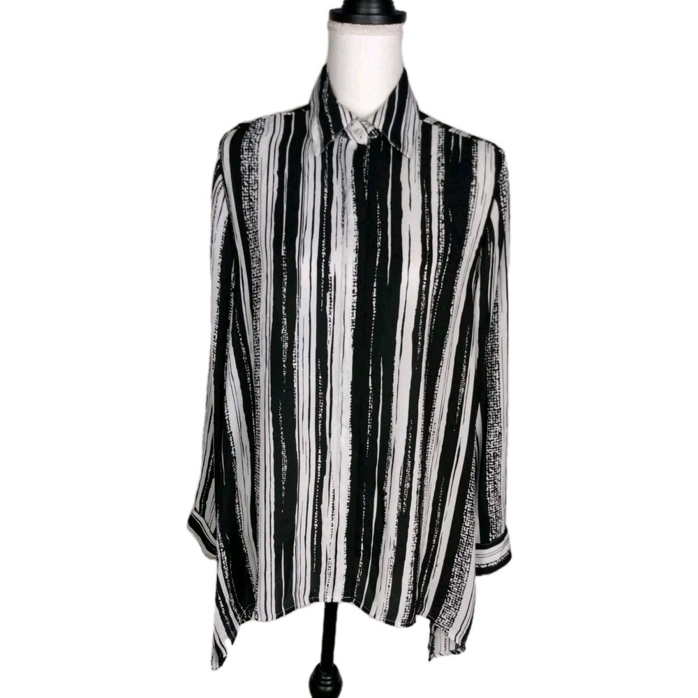 Peck & Peck WOMENS Black Striped Long Sleeve Roll Tap‎ Shirt, Size S